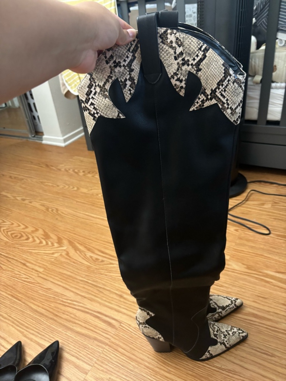 Public Desire Black and Snake Print Heeled Knee Boots